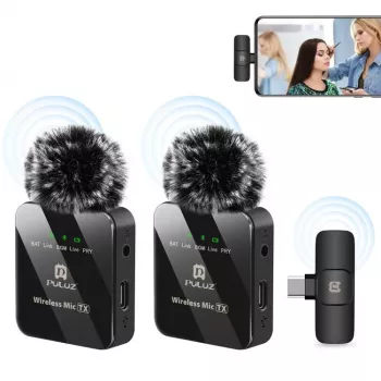 PULUZ PU648B 2x belaidis lavalier mikrofonas, skirtas USB-C išmaniesiems telefonams, planšetėms, nešiojamiesiems kompiuteriams - 2.4GHz, omnidirectional, Plug and Play