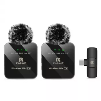 PULUZ PU648B 2x belaidis lavalier mikrofonas, skirtas USB-C išmaniesiems telefonams, planšetėms, nešiojamiesiems kompiuteriams - 2.4GHz, omnidirectional, Plug and Play