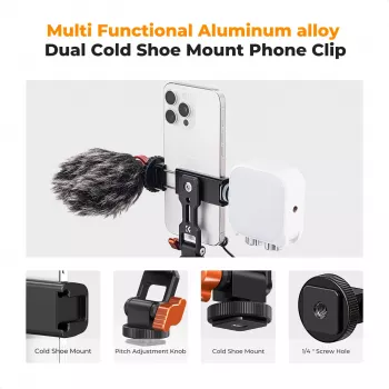 K&F Concept KF31.094 MS18 Smartphone Tripod Mount - 360° pasukamas metalinis telefono laikiklis su 1/4 inch sriegiu, Arca-Swiss pagrindu, Cold Shoe, juodas