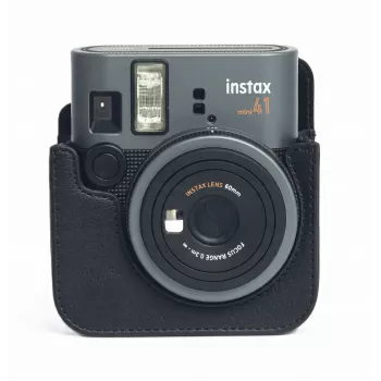 LOVEINSTANT Dėklas fotoaparatui Fujifilm Instax Mini 41 - Juoda PU oda, apsauginis maišelis su petnešėle