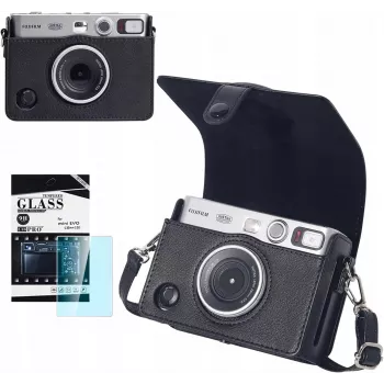 LOVEINSTANT 2-in-1 apsauginis dėklas ir grūdinto stiklo ekrano apsaugos rinkinys, skirtas Fujifilm Instax Mini Evo - juoda