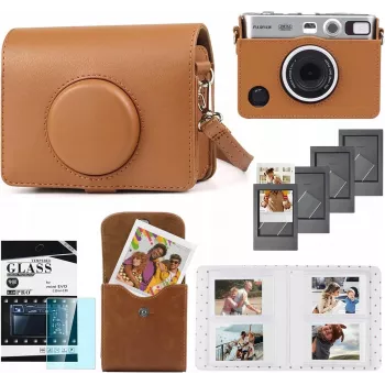 LOVEINSTANT 5-in-1 rinkinys: apsauginis dėklas + grūdintas stiklas + 64 kišenių nuotraukų albumas + nuotraukų maišelis + rėmeliai, skirti Fuji Instax Mini Evo / ruda