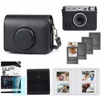 LOVEINSTANT 5-in-1 rinkinys: Dėklas + Grūdintas stiklas + 64 kišenių albumas + Nuotraukų maišelis + Rėmeliai, skirta Fuji Instax Mini Evo / Juoda