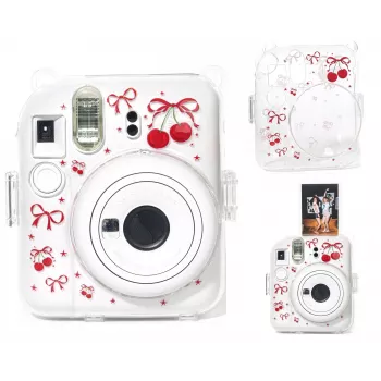 LOVEINSTANT kietas apsauginis dėklas, skirtas Fujifilm Instax Mini 12 - raudonų vyšnių raštas su petnešėle