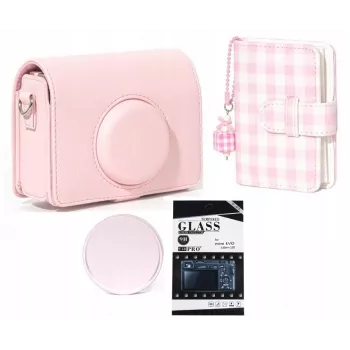 LOVEINSTANT 4-in-1 rinkinys: dėklas, fotoalbumas, LCD ekrano apsauga, objektyvo dangtelis, skirtas Fujifilm Instax Mini Evo - rožinė