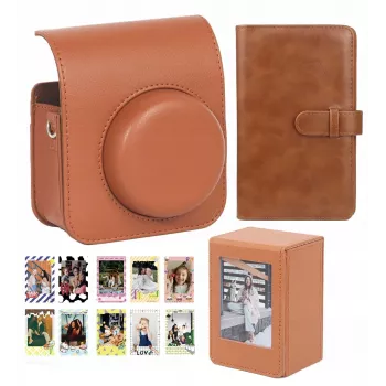 LOVEINSTANT 4-in-1 rinkinys: fotoaparato dėklas, nuotraukų albumas, laikymo dėžutė, lipdukai, skirti Fuji Instax Mini 41 - ruda