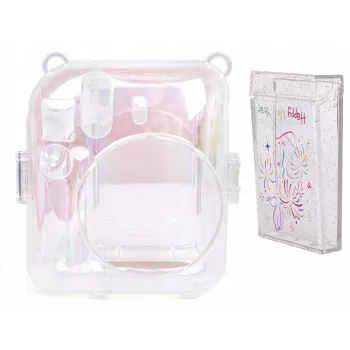 LOVEINSTANT 2-in-1 rinkinys: dėklas ir nuotraukų laikymo dėžutė, skirta Fuji Instax Mini 12, permatomas su blizgučiais