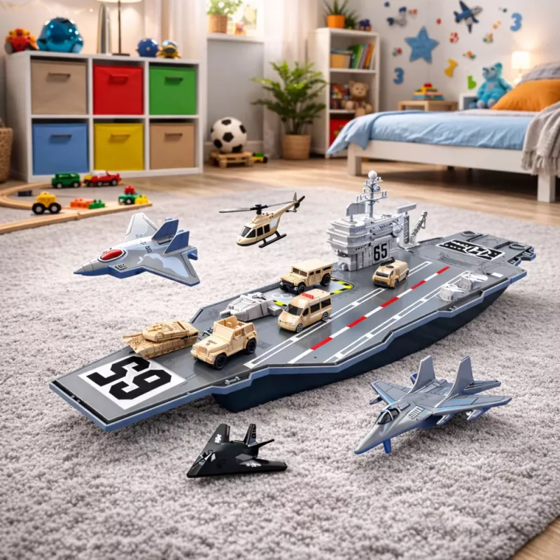LEAN TOYS Didelis karinis lėktuvnešis su naikintuvais, tankais ir transporto priemonėmis 70cm