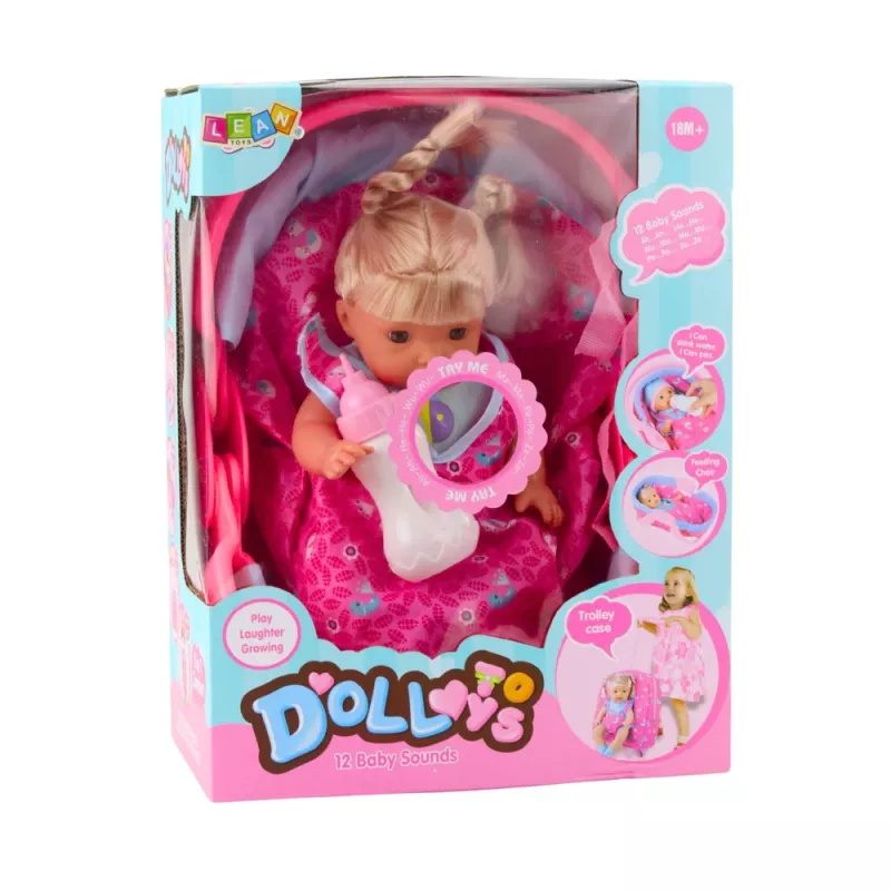 LEAN TOYS Kūdikio lėlė su nešykle, buteliuku, čiulptuku, kalba, burbuliuoja, šlapinasi