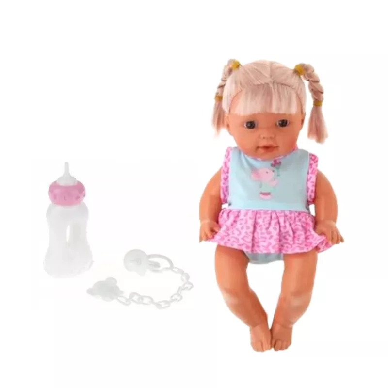 LEAN TOYS Kūdikio lėlė su nešykle, buteliuku, čiulptuku, kalba, burbuliuoja, šlapinasi
