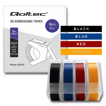 Qoltec 4 vienetų reljefinių juostų rinkinys, skirtas DYMO Omega | 9 mm x 3 m | 4 spalvos | Lipnios