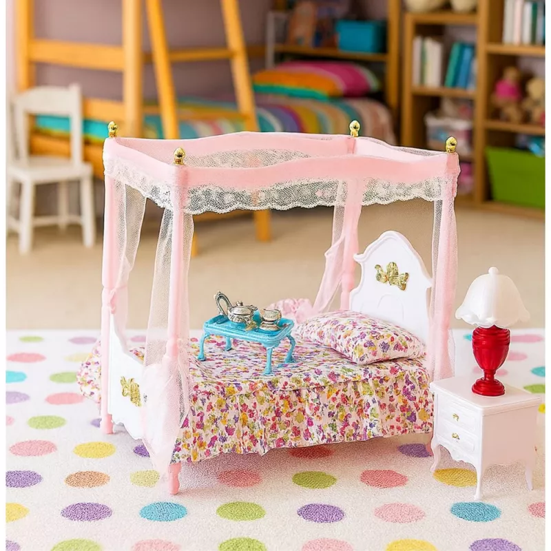 LEAN TOYS Baldų rinkinys lėlėms: Baldakiminė lova, naktiniai staliukai, lempos