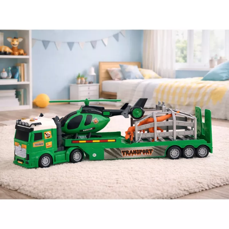 LEAN TOYS Dinozaurų transporto rinkinys: sunkvežimis, vilkikas, sraigtasparnis, šviesos, garsas