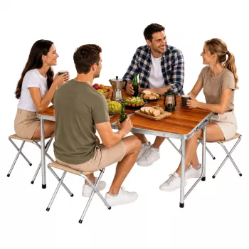 LEAN Camping Furniture Set - Sulankstomas stalas ir 4 taburetės mediniame lagamine