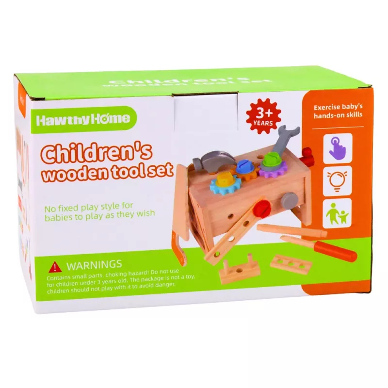 LEAN TOYS Medinis įrankių dėžės rinkinys vaikams su krumpliaračiais ir veržlėmis - 25 dalys, FSC mediena, nuo 3 metų