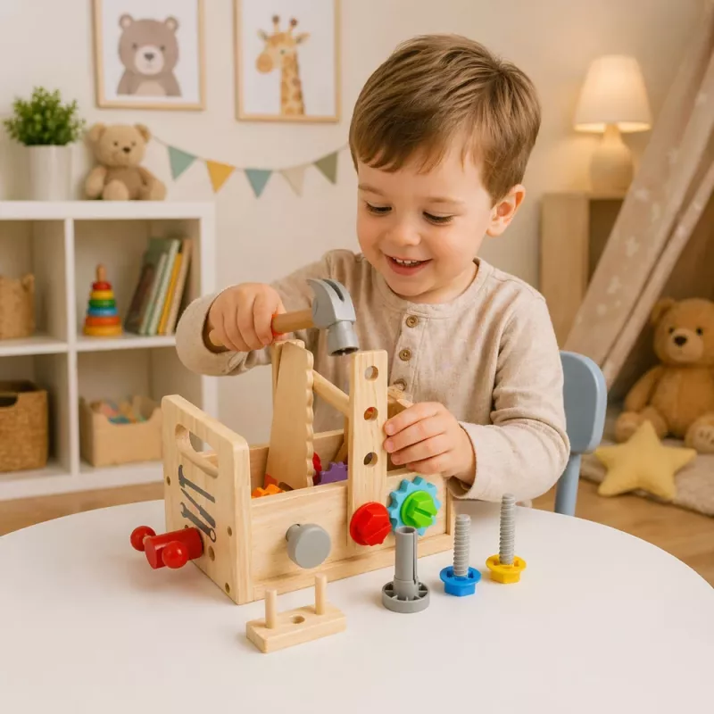 LEAN TOYS Medinis įrankių dėžės rinkinys vaikams su krumpliaračiais ir veržlėmis - 25 dalys, FSC mediena, nuo 3 metų