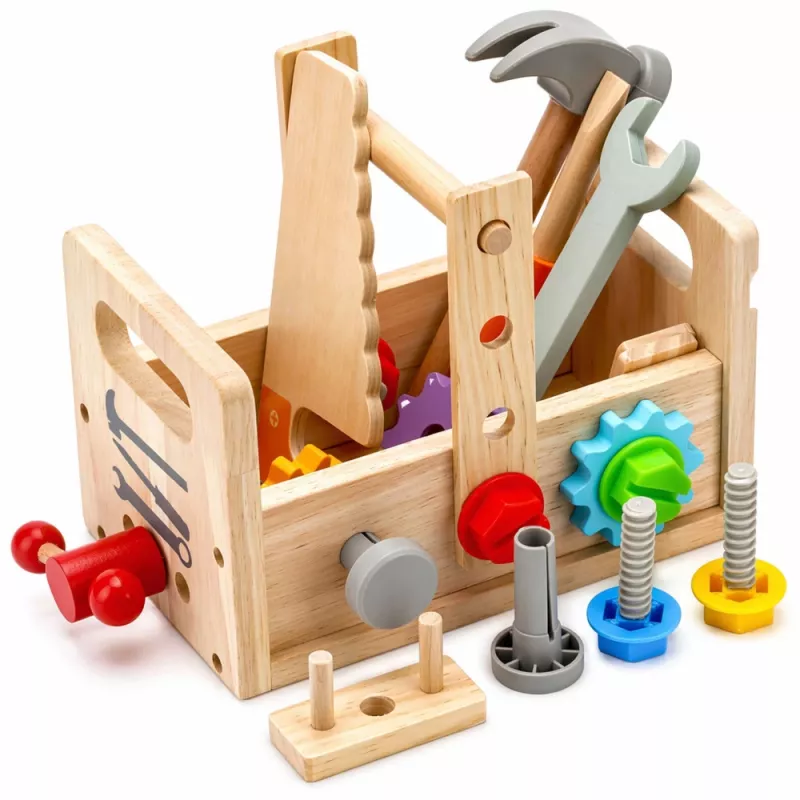 LEAN TOYS Medinis įrankių dėžės rinkinys vaikams su krumpliaračiais ir veržlėmis - 25 dalys, FSC mediena, nuo 3 metų