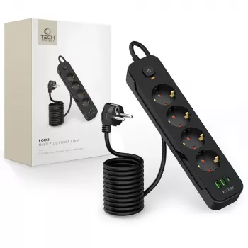 TECH-PROTECT PCL4X3 ilgintuvas su 2 USB ir 1 Type-C bei 4 kištukiniais lizdais, 200cm, juodas