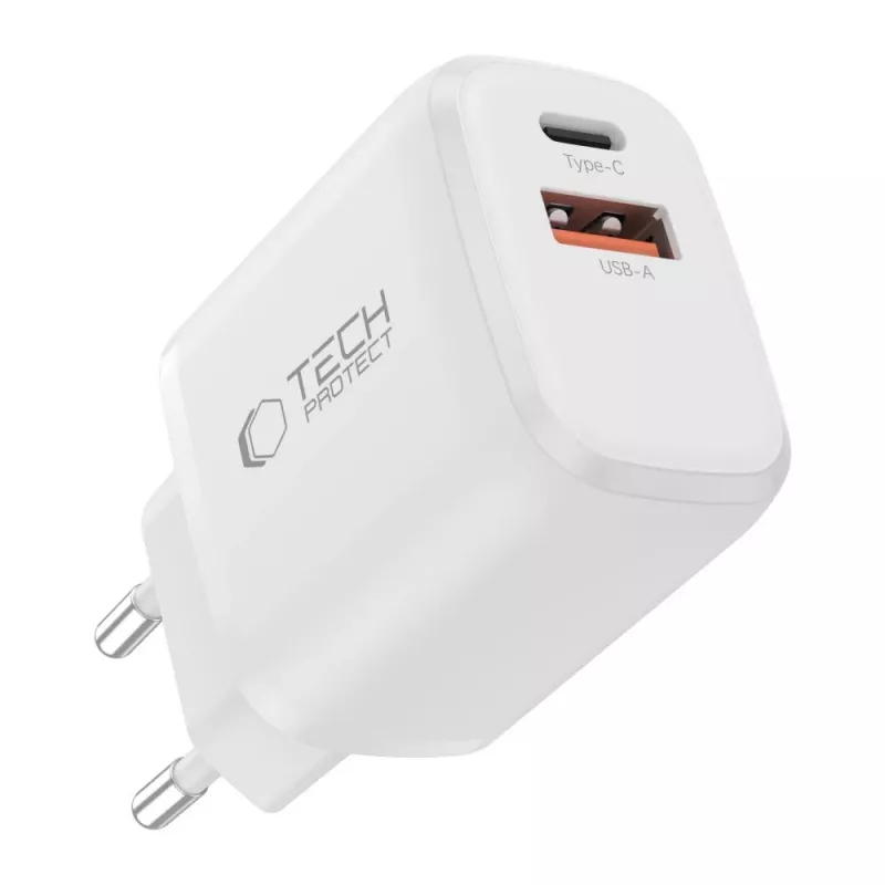 TECH-PROTECT NCA30 tinklo įkroviklis su 2 prievadais, PD 30W / QC3.0 ir Type-C kabeliu, baltas