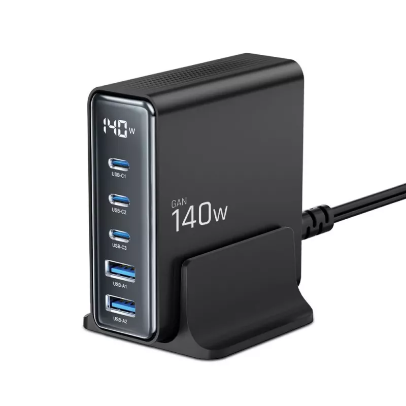 TECH-PROTECT DC140W-GAN stalinis įkroviklis su 5 prievadais, PD 140W / QC3.0, juodas