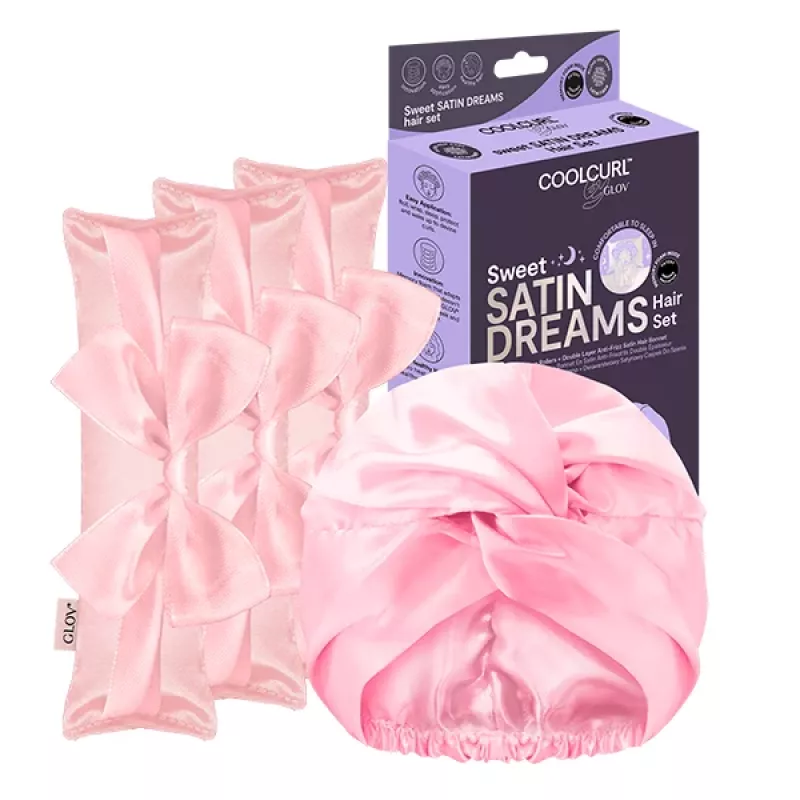 GLOV_SET Sweet Satin Dreams Heatless Hair Curlers 3vnt + Dvigubo sluoksnio satino miego kepuraitė 1vnt Juoda