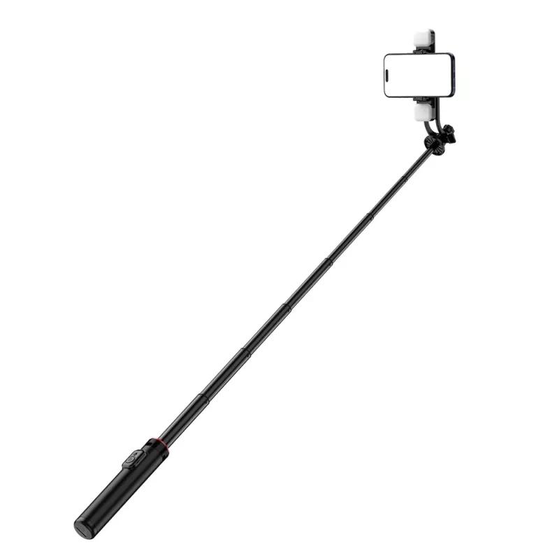 WOZINSKY Selfie Stick WC12YDS teleskopinis trikojis 1,3 m aliuminio lydinys su dviguba LED šviesa ir telefono laikikliu - juoda