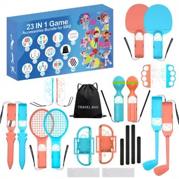HURTEL Family Accessories Kit 23 in 1, skirtas Nintendo Switch 2 – oranžinis ir mėlynas rinkinys