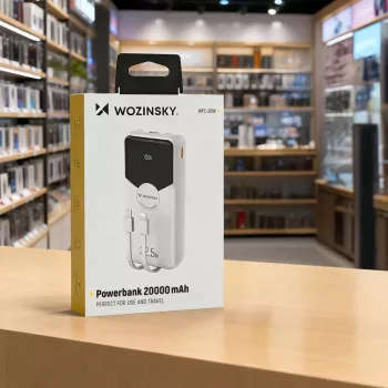 Powerbank Wozinsky WFC-15W 20000mAh 22.5W PD20W su įmontuotais Lightning ir USB-C kabeliais - balta