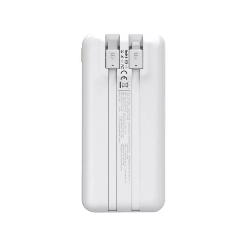 Powerbank Wozinsky WFC-15W 20000mAh 22.5W PD20W su įmontuotais Lightning ir USB-C kabeliais - balta