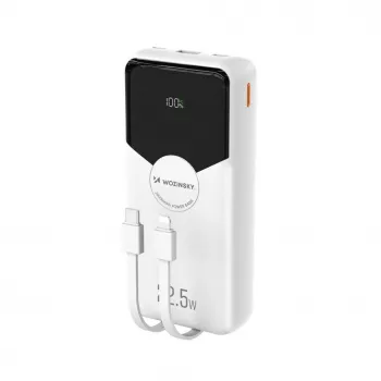 Powerbank Wozinsky WFC-15W 20000mAh 22.5W PD20W su įmontuotais Lightning ir USB-C kabeliais - balta