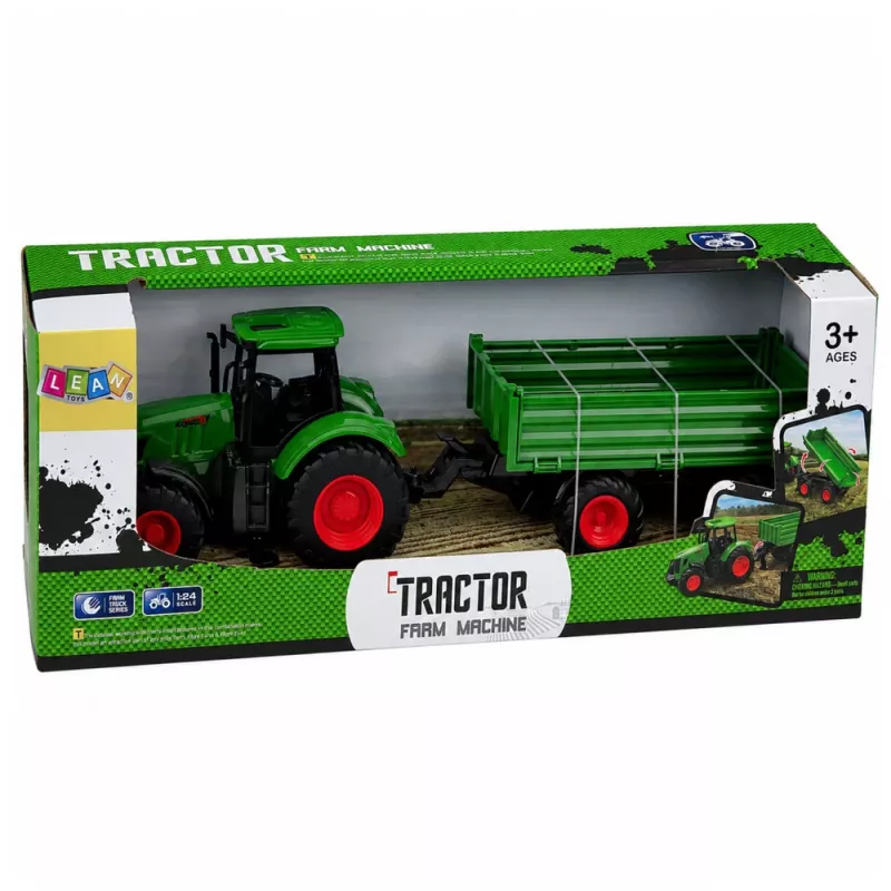 LEAN TOYS Žemės ūkio traktorius su savivarčio priekaba, guminiai ratai, žalias, 1:24
