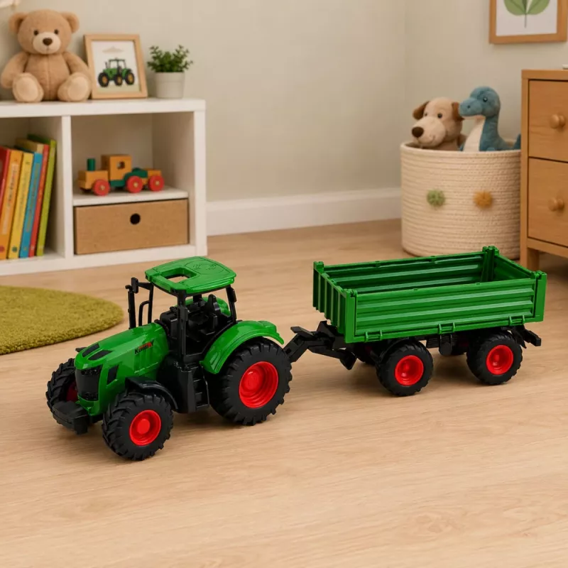 LEAN TOYS Žemės ūkio traktorius su savivarčio priekaba, guminiai ratai, žalias, 1:24