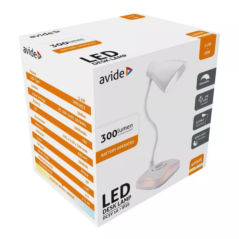 Avide LED stalinė lempa su naktine šviesa, USB 3,2W, reguliuojamo ryškumo