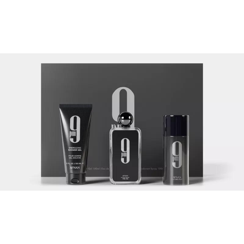 Afnan 9 PM Eau de Parfum dovanų rinkinys vyrams - 100ml EDP purškalas + 150ml dušo želė + 250ml dezodoranto purškalas