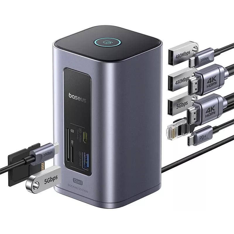 Baseus Air Spacemate 12-in-1 USB-C Hub, 2x HDMI 4K@60Hz, 2x USB-C 10Gbps, 2x USB-A 5Gbps, 2x USB-A 480Mbps, RJ45, SD/microSD, USB-C PD, Pilka