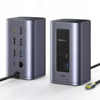 Baseus Air Spacemate 12-in-1 USB-C Hub, 2x HDMI 4K@60Hz, 2x USB-C 10Gbps, 2x USB-A 5Gbps, 2x USB-A 480Mbps, RJ45, SD/microSD, USB-C PD, Pilka