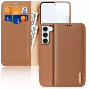 Dux Ducis Hivo Wallet Case, skirta Samsung Galaxy S23+, su RFID blokavimu, atramėle, ruda