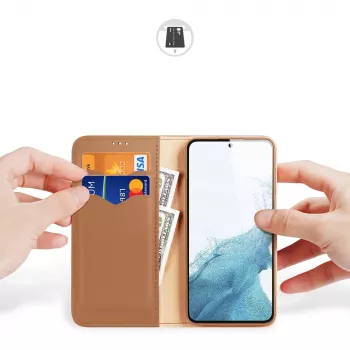 Dux Ducis Hivo Wallet Case, skirta Samsung Galaxy S23+, su RFID blokavimu, atramėle, ruda