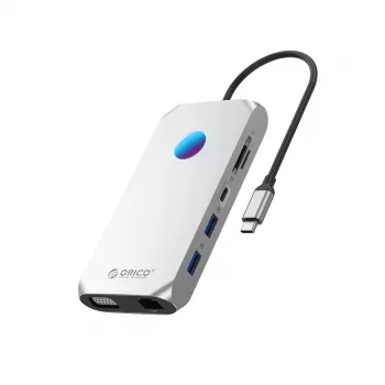ORICO XCR 12-in-1 USB-C Docking Station su RGB, 3x USB-A 3.1, 1x USB-A 2.0, 1x USB-C PD 100W, 1x USB-C 3.1, 1x HDMI 1.4 4K 30Hz, 1x VGA 1080p, 1x microSD/SD 3.0, 1x RJ45 Gigabit Ethernet, 1x Audio CTIA 3.5mm - Sidabrinė