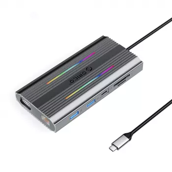 ORICO XCR 12-in-1 USB-C Docking Station su RGB, 3x USB-A, USB-C PD 100W, HDMI 4K, VGA, RJ45 Gigabit, SD/microSD kortelių skaitytuvu - Pilka