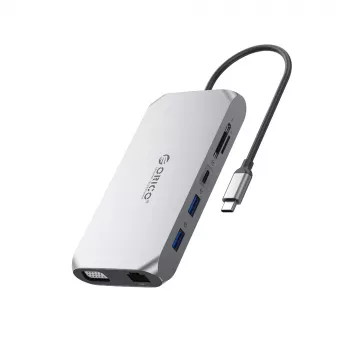 ORICO XCR 12-in-1 USB-C Docking Station su 3x USB-A 3.1, 1x USB-A 2.0, 1x USB-C PD 100W, 1x USB-C 3.1, 1x HDMI 1.4 4K@30Hz, 1x VGA 1080p, 1x SD 3.0, 1x microSD 3.0, 1x RJ45 Gigabit Ethernet, 1x Audio CTIA 3.5mm - Pilka