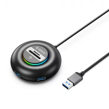 ORICO YXR4 RGB 4-Port USB-A 3.0 Hub su SD ir MicroSD kortelių skaitytuvu, 1,8 m kabeliu, juodas