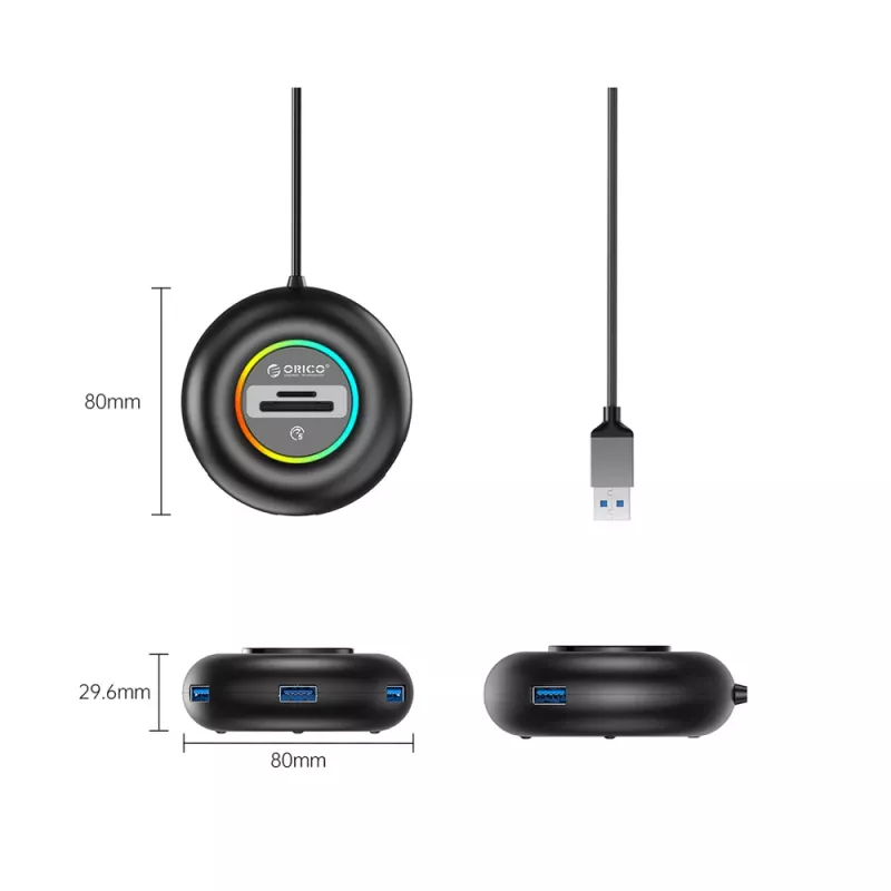 ORICO YXR4 RGB 4-Port USB-A 3.0 Hub su SD ir MicroSD kortelių skaitytuvu, 1,8 m kabeliu, juodas