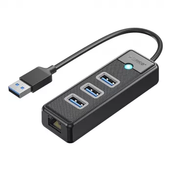 ORICO PW3UR25-U3 4 prievadų USB šakotuvas su 2.5G Ethernet adapteriu, 3x USB-A 3.0, 1x RJ45, 0.15 m kabelis, juodas