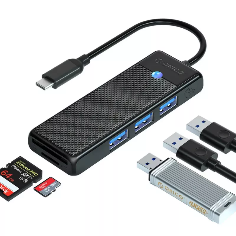 ORICO PAPW3AT-U3 4 prievadų USB 3.0 šakotuvas su SD/MicroSD kortelių skaitytuvu, 1,8 m kabeliu, juodas