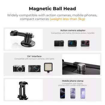 KF 3D Ball Head Magnetic Base Mount, skirta GoPro, išmaniajam telefonui, fotoaparatui su 1/4 colio sriegiu KF31.156, juoda
