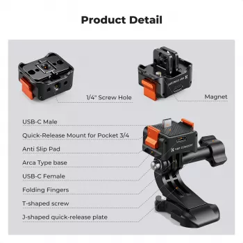 KF greito atjungimo adapteris su USB-C įkrovimu, skirtas DJI Osmo Pocket 3/4, GoPro laikikliui, 1/4 colio sriegis, juodas