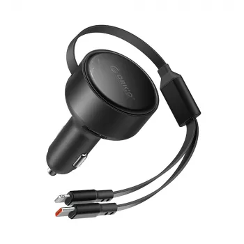 ORICO Dual Stretch 60W USB-C automobilinis įkroviklis su dviem įtraukiamais kabeliais USB-C + Lightning - juoda