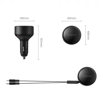 ORICO Dual Stretch 60W USB-C automobilinis įkroviklis su dviem įtraukiamais kabeliais USB-C + Lightning - juoda