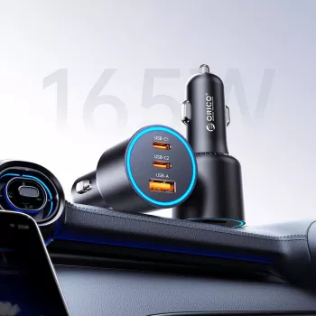 ORICO HyperDrive 165W automobilinis įkroviklis USB-A + 2x USB-C - juodos spalvos